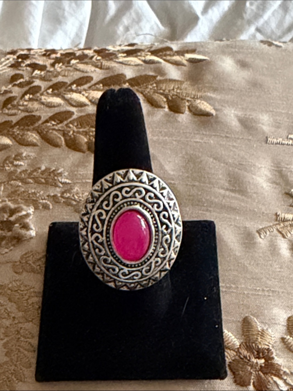 Chicos vintage Style Pink Stone Silver-Tone  stretches Statement Ring